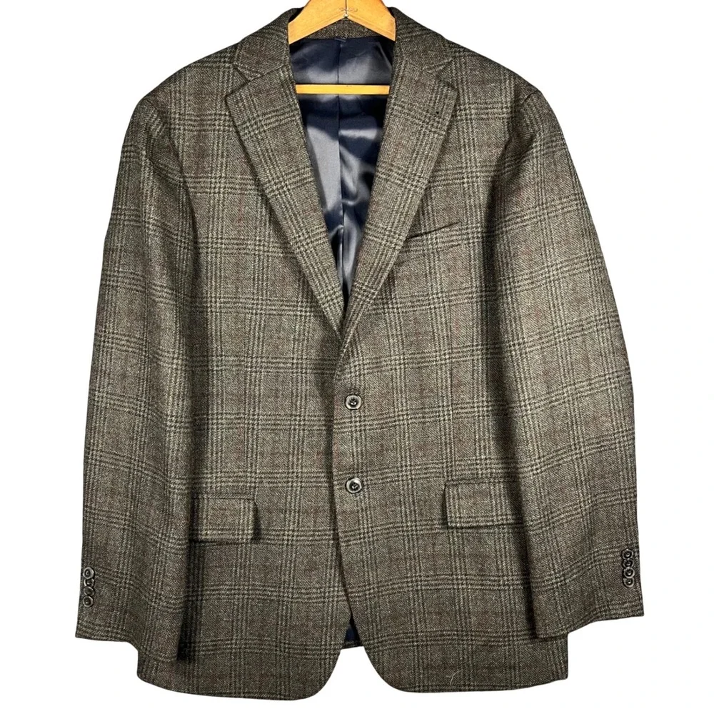 Jos.‎ A. Bank Sport Coat Mens 42R Brown Plaid 100% Wool Tailored Fit Blazer